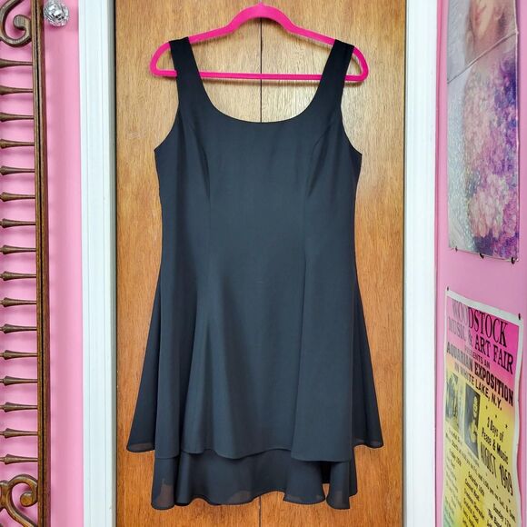 Vintage 90s Black Layered Sleeveless Fit & Flare Dress - Picture 6 of 8